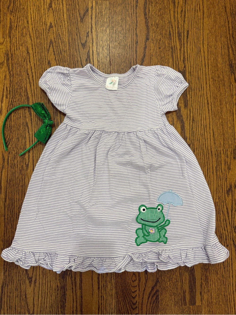 Lilac Stripe Kids Casual Dress with Green Frog Applique